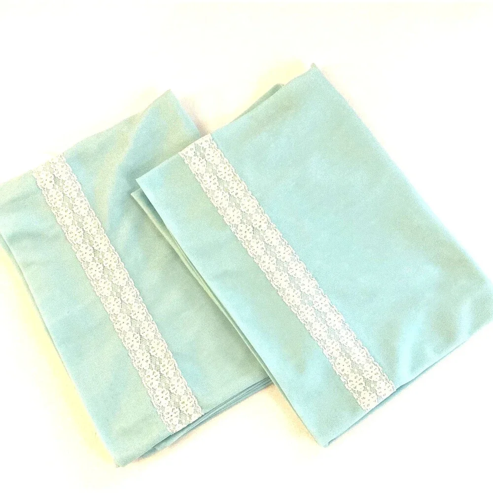 VTG Silky Polyester Lace Trim Pillowcases Set Of 2 Aqua Glam Style Handmade